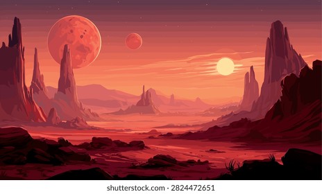 Mars-like Sci-Fi Alien Landscape Vector Illustration
