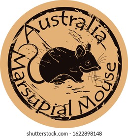 Marsupial mouse silhouette icon vector round shabby emblem design old retro style. Marsupial mouse in full growth logo mail stamp on craft paper. Australian deer-mouse vintage grunge sign. 