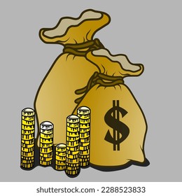 A marsupial pouch of gold coins and plenty of money, currency ...Financial icon, economic and gray background