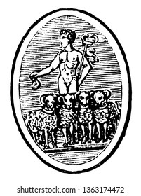 Marsupium, a purse designed with a man and four dogs, vintage line drawing or engraving illustration.