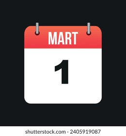 Mart 1, Red and White Color Calendar Page Black Outline
