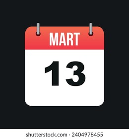 Mart 13, Red and White Color Calendar Page Black Outline