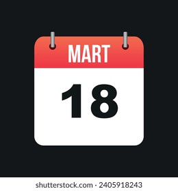 Mart 18, Red and White Color Calendar Page Black Outline