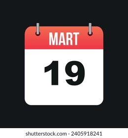 Mart 19, Red and White Color Calendar Page Black Outline