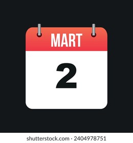 Mart 2, Color rojo y blanco Página Calendario Esquema negro