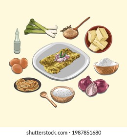 Martabak Aceh Khas Aceh And Ingredients, Sketch And Vector Style, Traditional Food From Aceh, Good to use for restaurant menu, Indonesian food recipe book, and food content. svg
