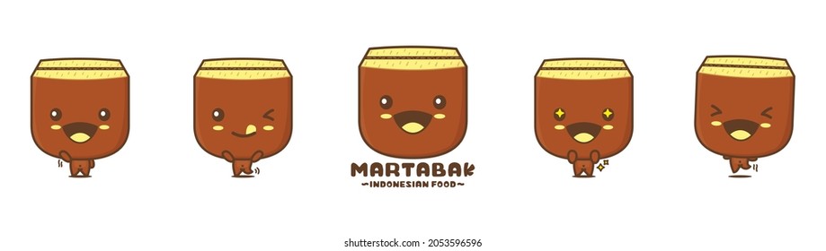 martabak cartoon mascot, Indonesian traditional food vector illustration, with different facial expressions and poses, isolated on white background