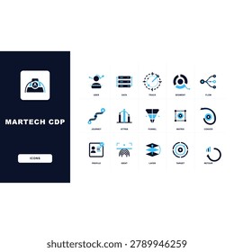 Martech cdp icons set blue and black business analytics marketing technology data management