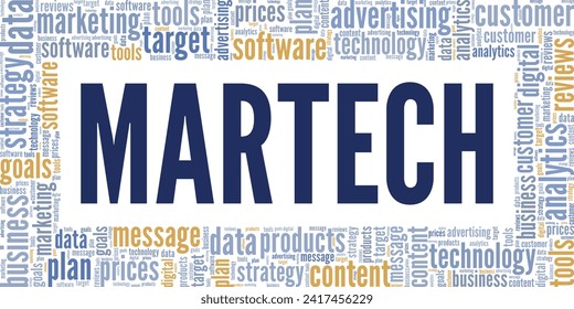 Martech Marketing Technology palabra nube diseño conceptual aislado en fondo blanco.