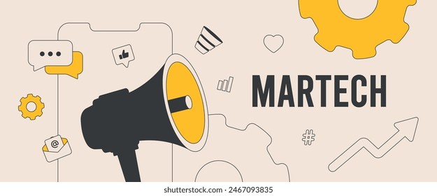 Martech solutions and technology marketing concept. Key trends include automation software, data analytics and marketing strategy integration. Martech ecosystem strategies vector header illustration