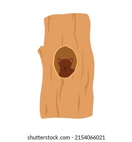 Marten is sitting in a hollow tree, vector flat illustration on a white background. A house for a marten in a tree trunk, a hole. Marten in the hollow