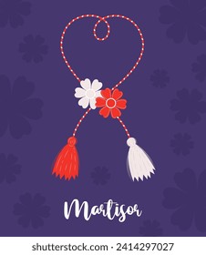 Martenitsa, amulet flowers. Martisor holiday. Red and white thread. Tradition meeting of early spring. Vector holiday postcard