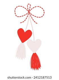 Martenitsa, amulet. Martisor holiday. Red and white heart. Romantic tradition folk symbol made of threads. meeting of early spring.