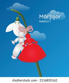 Martenitsa. Snowdrop Flower and Martisor red and white dolls with an outdoor sky background. Holiday Martisor and Baba Marta. March 1. Vector illustration