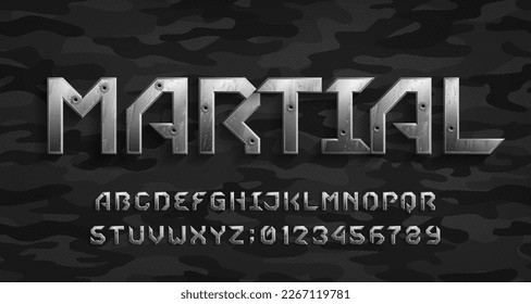 Schriftart des Kampfalphabets. Metallbuchstaben und -ziffern mit Schussmarken. Camo-Hintergrund. Stock-Vektorgrafik für Ihr Design.