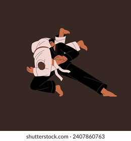 Martial art competition. Aikido fighters training techniques. Judo competitors sparring. Professional jujutsu sportsmen fight. Chinese, Japanese sport battle. Flat isolated vector illustration