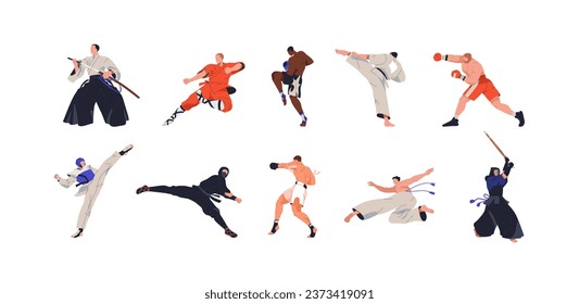 Martial art fighters set. Aikido, Wushu, Muay Thai, karate, boxing, taekwondo wrestlers in combat poses, sport actions, fighting movements. Flat vector illustrations isolated on white background
