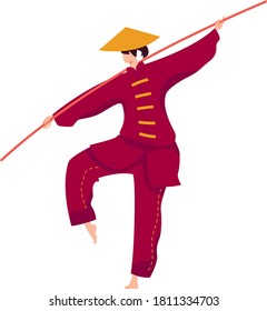 Martial art, japanese stick fighter, strong fighter, kung fu sport training exercise, flat vector illustration, isolated on white. Shock protection training, professional woman in traditional dress.