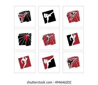 Martial Art Kick Silhouette Image Vector Icon Logo Set