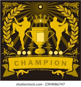 Martial Art Kickboxing Championsip Logo Emblem Badge with Silhouette, Cup and Ribbon and Floral Ornament