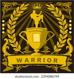 Martial Art Kickboxing Championsip Logo Emblem Badge with Silhouette, Cup and Ribbon and Floral Ornament