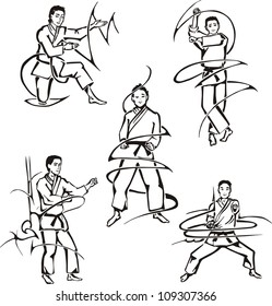 Martial art lessons. Set of black and white vector illustrations.