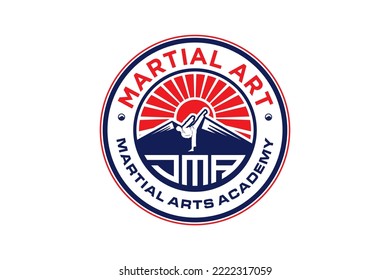 Martial art logo badge style ap chagi dollyo chagi mountain and sunset element rounded shape