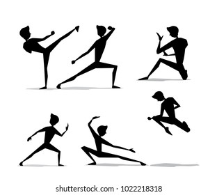 martial art man movement set silhouette cartoon illustration