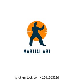 Martial art mascot logo illustration with silhouette man in front of the sun