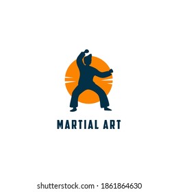 Martial art mascot logo illustration with silhouette man in front of the sun