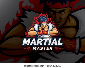 Martial art master sport logo template. Club sport style mascot design. Fighters prepare to fight. Mascot character vector illustration template