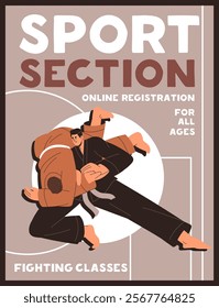 Martial art school event poster design. Traditional oriental, asian sports fights advertising. Promotion of jujutsu, aikido training. Judo, karate fighters contest, sparring. Flat vector illustration