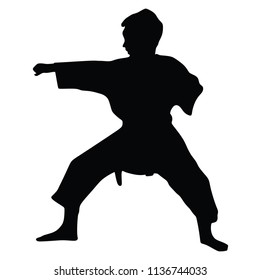 The martial art silhouette, Karate man fighter in kimono, vector silhouette illustration. Black belt category. Karate man vector silhouette.