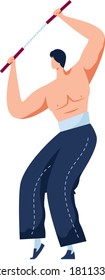 Martial art, strong professional fighter, nunchak fight, practice single combat, cartoon vector illustration, isolated on white. Oriental aggressive sports, man active lifestyle, mixed martial arts.