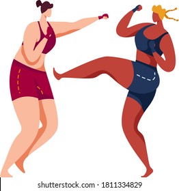 Martial art, taekwondo sports, pain kick, wrestling training, aggressive attack, cartoon vector illustration, isolated on white. Woman sportsman attacks, defense exercise gym, girl proesional fighter.