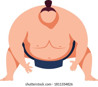 Martial art, traditional japanese art sumo sport, heavy, fat man design cartoon style vector illustration, isolated on white. Obesity battler in combat stance, big, human, strong seated sumoist.