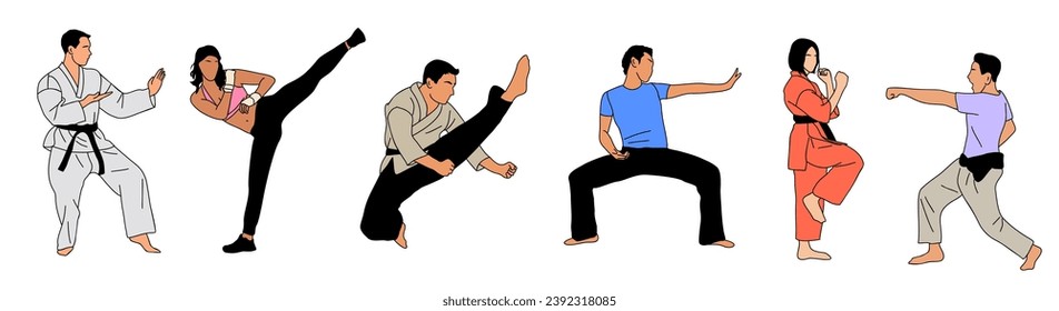 Martial art training male, female characters set. 