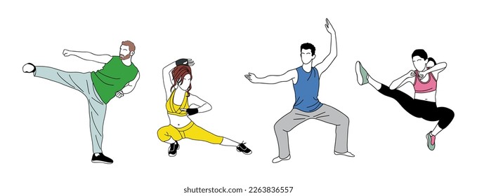 Martial art training outline vector drawings set.