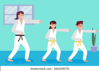 Martial art vector concept: Trainer teaching kids karate by punching