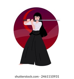 Artista marcial en pose de combate. Ilustración vectorial de una mujer decidida con un atuendo tradicional de kendo, blandiendo una espada de bambú con un enfoque intenso y habilidad contra un fondo dinámico.