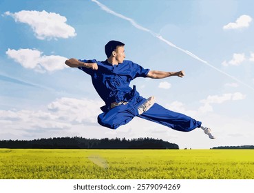 Martial artist executing a high jump kick in a bright open field