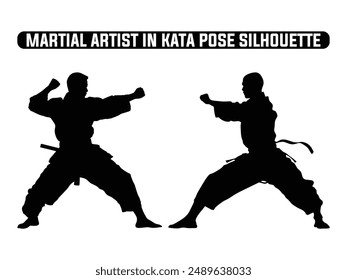 Martial Künstler in Kata Pose Silhouette, Martial Übung Silhouette, Martial Arts Silhouetten.