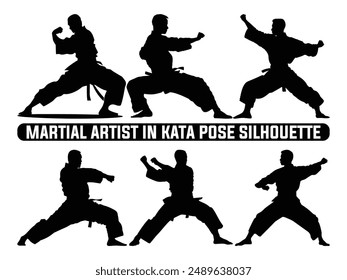 Martial Künstler in Kata Pose Silhouette, Martial Übung Silhouette, Martial Arts Silhouetten.