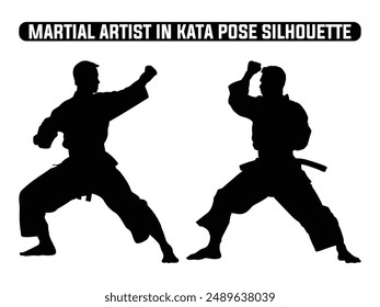 Martial Künstler in Kata Pose Silhouette, Martial Übung Silhouette, Martial Arts Silhouetten.