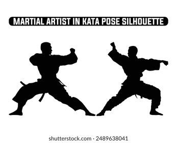 Martial Künstler in Kata Pose Silhouette, Martial Übung Silhouette, Martial Arts Silhouetten.