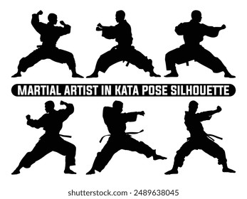 Martial Künstler in Kata Pose Silhouette, Martial Übung Silhouette, Martial Arts Silhouetten.