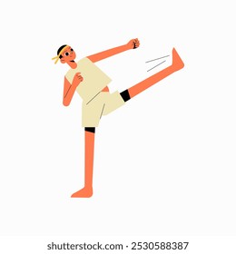 Martial artist kicking in flat vector illustration symbolizing agility, focus, and martial arts training, isolated on white background.