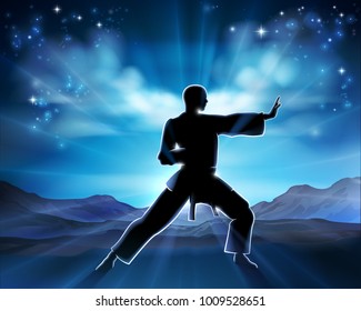 A martial artist in silhouette against a sunrise in a kung fu or karate pose, background concept.