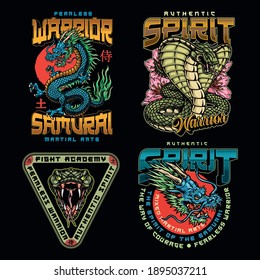 Martial arts academy colorful labels set with inscriptions fantasy dragons and angry snakes isolated vector illustration. Japan translation - Samurai, Warrior, Power