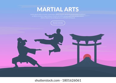 Banner-Vorlage für Kampfkunst mit asiatischen Gefechtern, Karate, Judo, Taekwondo, Aikido School Website, Homepage Design Vektorgrafik